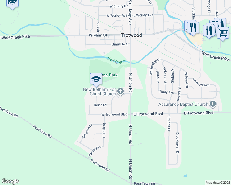 map of restaurants, bars, coffee shops, grocery stores, and more near 19 Strader Drive in Dayton