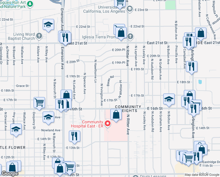 map of restaurants, bars, coffee shops, grocery stores, and more near 5445 East 18th Street in Indianapolis