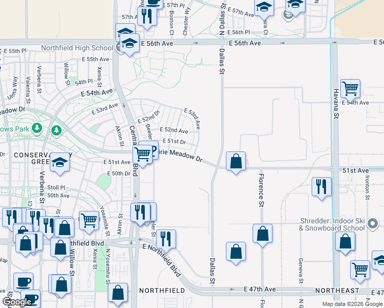 map of restaurants, bars, coffee shops, grocery stores, and more near 5157 Clinton Street in Denver