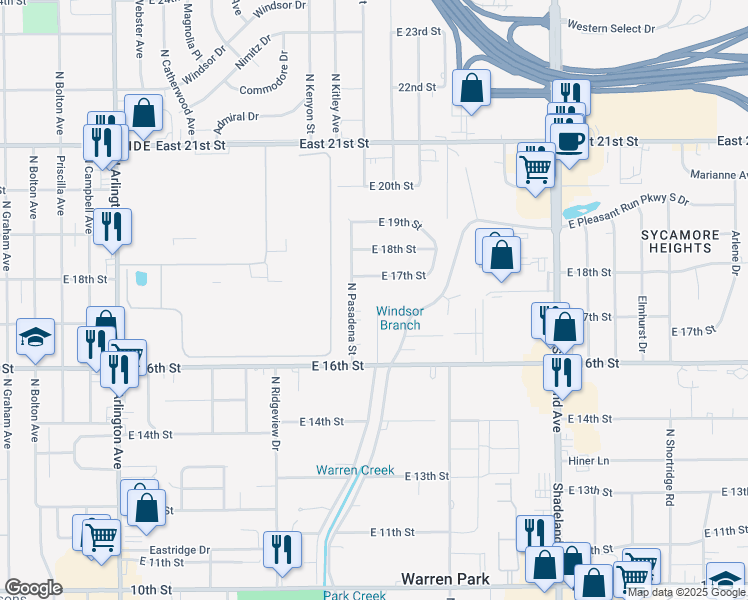 map of restaurants, bars, coffee shops, grocery stores, and more near 6550 East 16th Street in Indianapolis