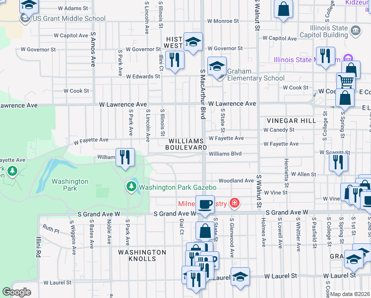 map of restaurants, bars, coffee shops, grocery stores, and more near 1035 Williams Boulevard in Springfield
