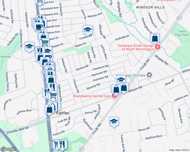 map of restaurants, bars, coffee shops, grocery stores, and more near 232 Plymouth Road in Wilmington