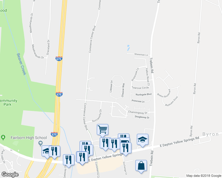 map of restaurants, bars, coffee shops, grocery stores, and more near L'Amour Lane in Fairborn