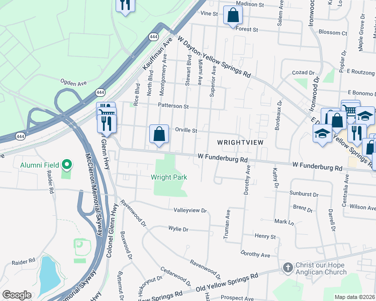 map of restaurants, bars, coffee shops, grocery stores, and more near 444 West Funderburg Road in Fairborn