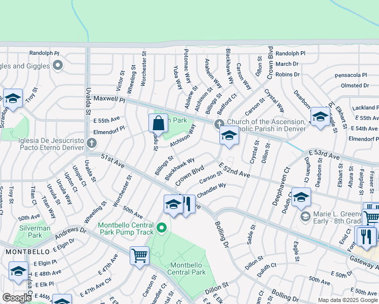 map of restaurants, bars, coffee shops, grocery stores, and more near 5353 Blackhawk Way in Denver