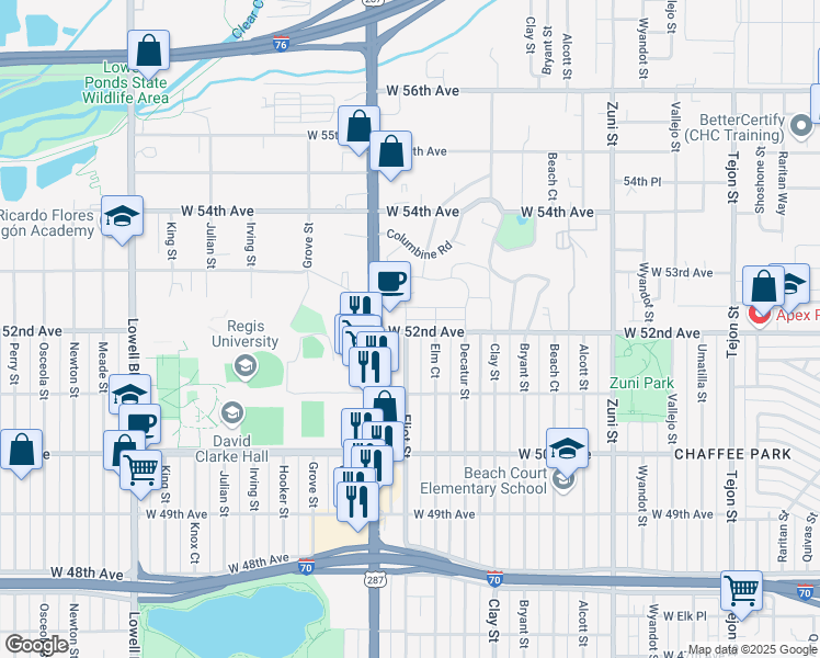 map of restaurants, bars, coffee shops, grocery stores, and more near 5167 Eliot Street in Denver