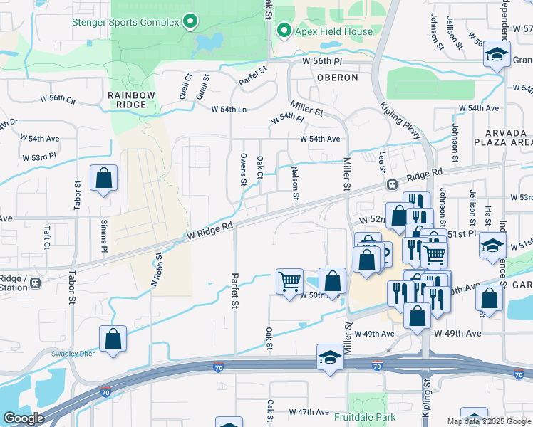 map of restaurants, bars, coffee shops, grocery stores, and more near 10800-10808 West Ridge Road in Wheat Ridge