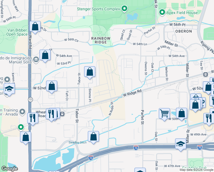 map of restaurants, bars, coffee shops, grocery stores, and more near 11333-11463 West Ridge Road in Arvada