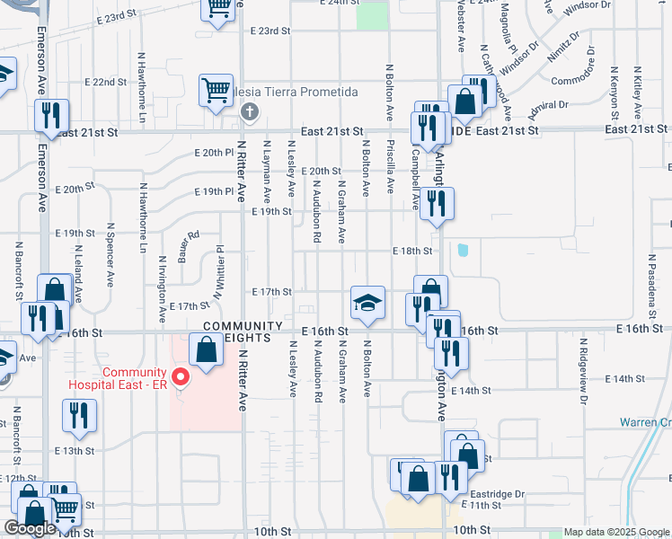 map of restaurants, bars, coffee shops, grocery stores, and more near 1701 North Audubon Road in Indianapolis