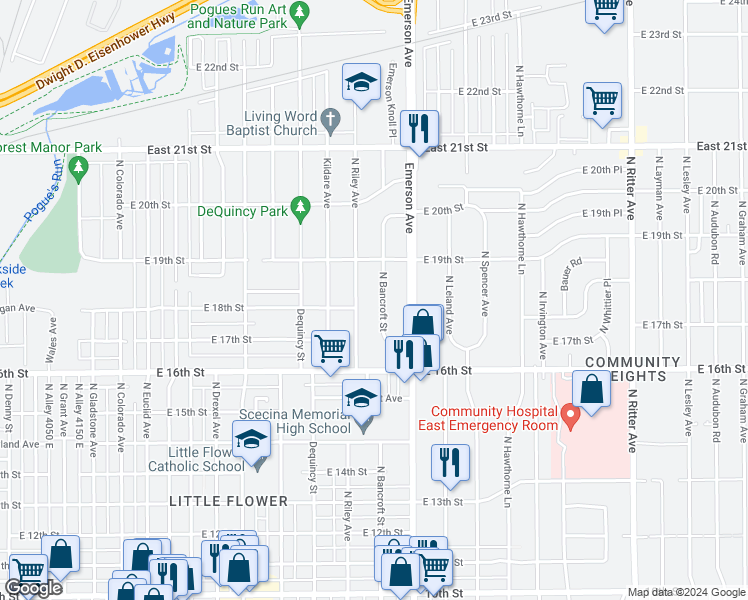 map of restaurants, bars, coffee shops, grocery stores, and more near 1722 North Bancroft Street in Indianapolis