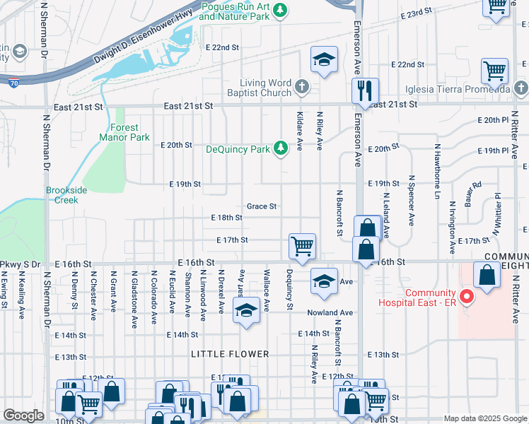 map of restaurants, bars, coffee shops, grocery stores, and more near 4721 East 18th Street in Indianapolis