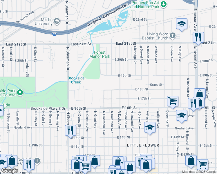 map of restaurants, bars, coffee shops, grocery stores, and more near 1722 North Gladstone Avenue in Indianapolis