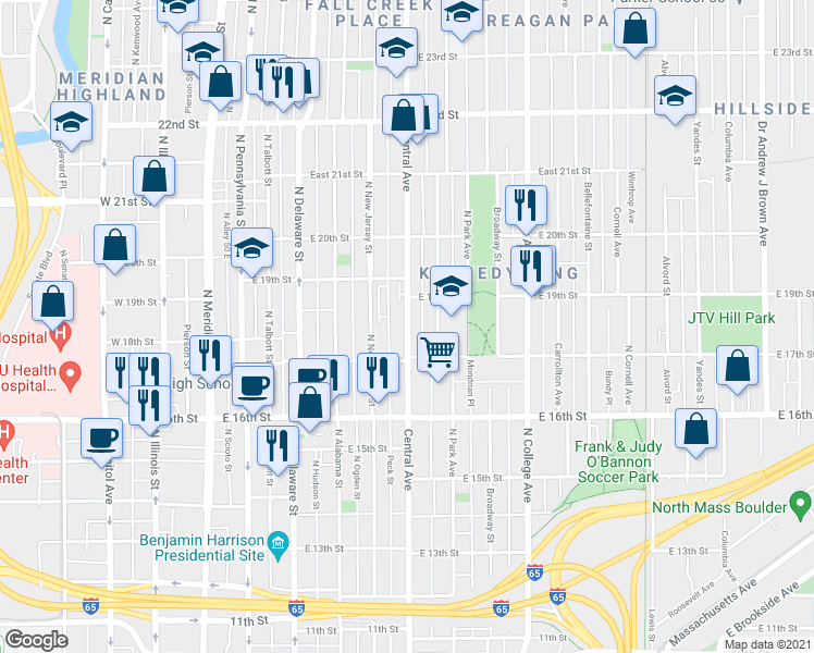 map of restaurants, bars, coffee shops, grocery stores, and more near 1703 Central Avenue in Indianapolis
