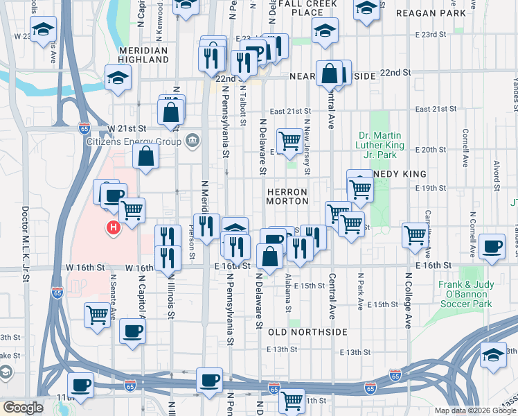 map of restaurants, bars, coffee shops, grocery stores, and more near 1710 North Delaware Street in Indianapolis