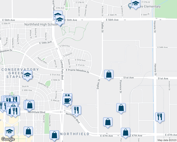 map of restaurants, bars, coffee shops, grocery stores, and more near 5157 Clinton Street in Denver