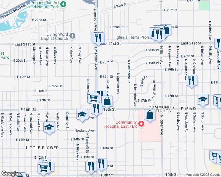 map of restaurants, bars, coffee shops, grocery stores, and more near 1708 North Spencer Avenue in Indianapolis