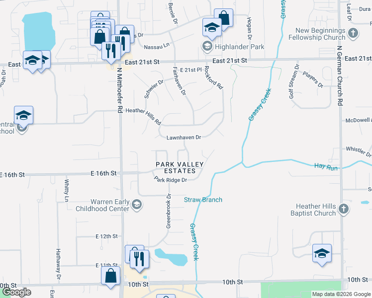 map of restaurants, bars, coffee shops, grocery stores, and more near 3132 Park Hill Drive in Indianapolis