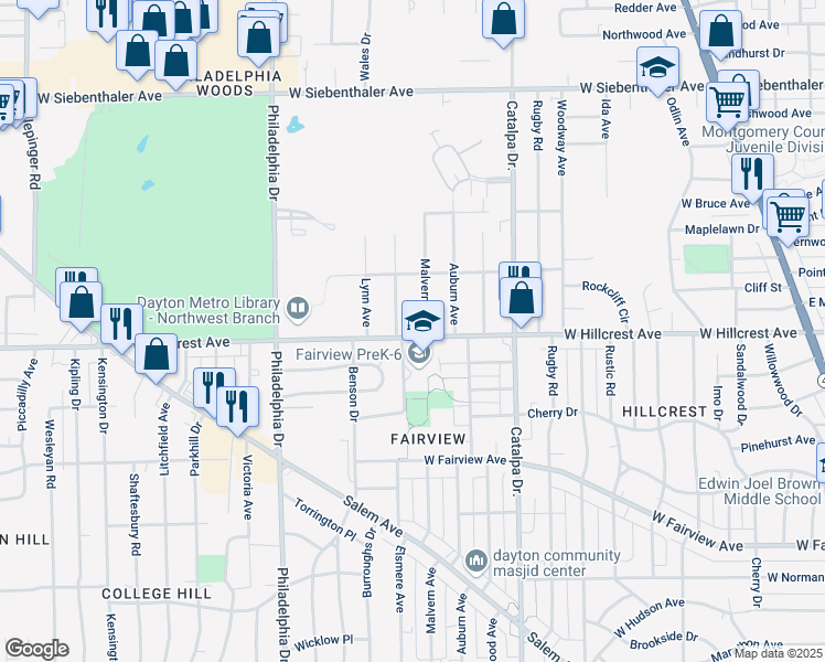 map of restaurants, bars, coffee shops, grocery stores, and more near 1009 West Hillcrest Avenue in Dayton