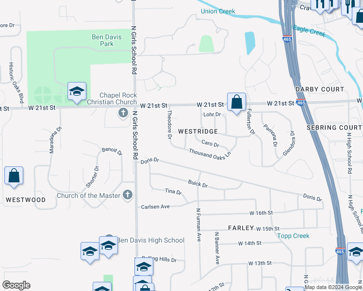 map of restaurants, bars, coffee shops, grocery stores, and more near 1832 Koefoot Drive in Indianapolis