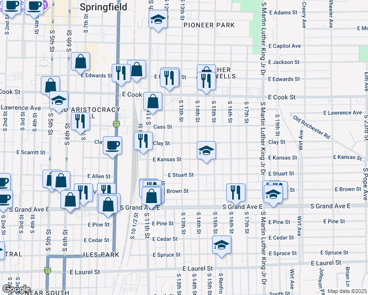 map of restaurants, bars, coffee shops, grocery stores, and more near 1004 South 13th Street in Springfield