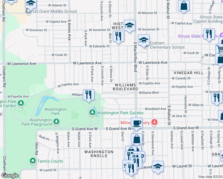 map of restaurants, bars, coffee shops, grocery stores, and more near 1100-1198 Williams Boulevard in Springfield