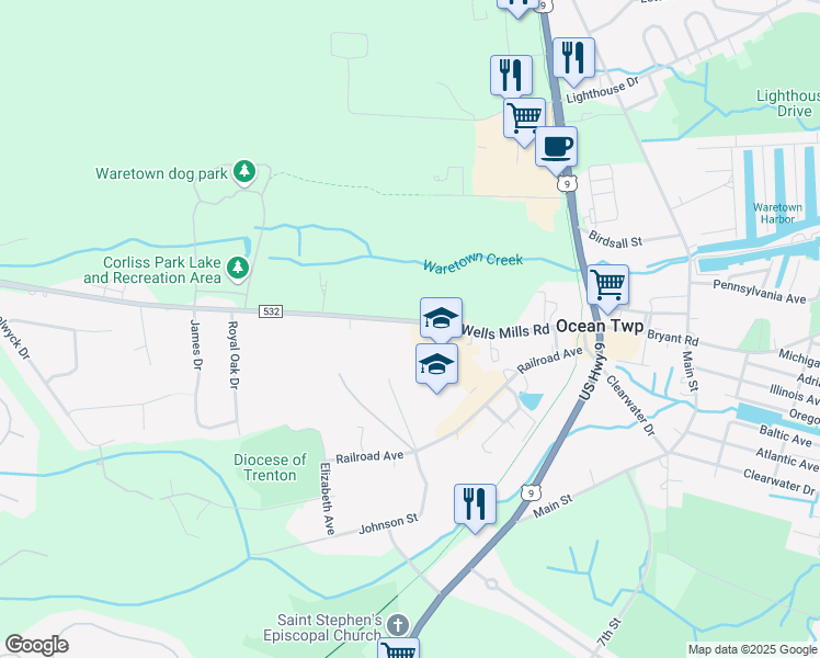 map of restaurants, bars, coffee shops, grocery stores, and more near 141 Wells Mill Road in Ocean Township