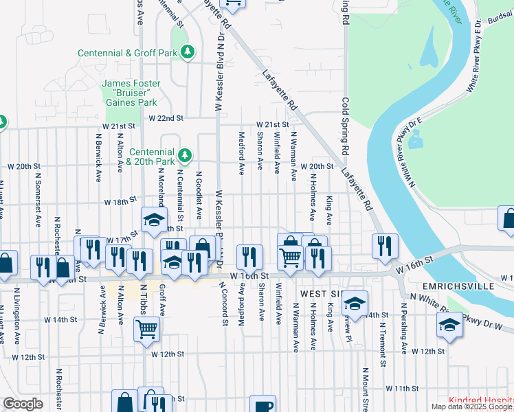 map of restaurants, bars, coffee shops, grocery stores, and more near 1836 Sharon Avenue in Indianapolis