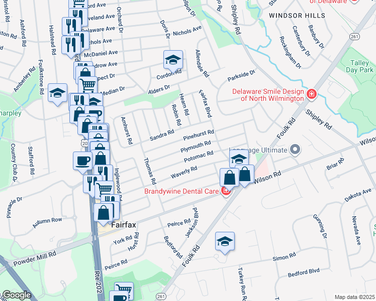 map of restaurants, bars, coffee shops, grocery stores, and more near 232 Plymouth Road in Wilmington