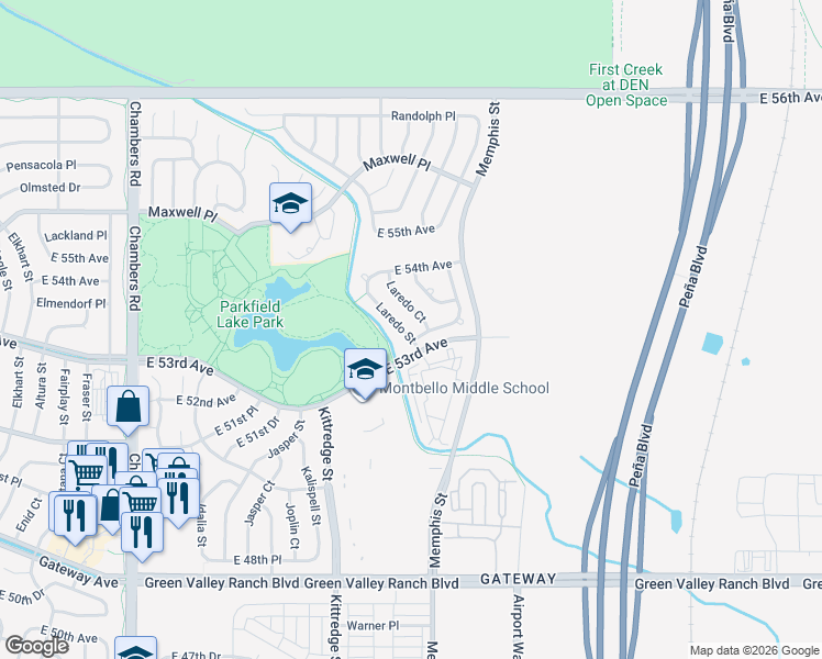 map of restaurants, bars, coffee shops, grocery stores, and more near 5354 Laredo Street in Denver