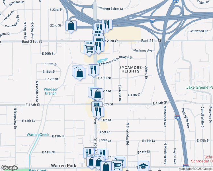 map of restaurants, bars, coffee shops, grocery stores, and more near 1732 Englewood Drive in Indianapolis