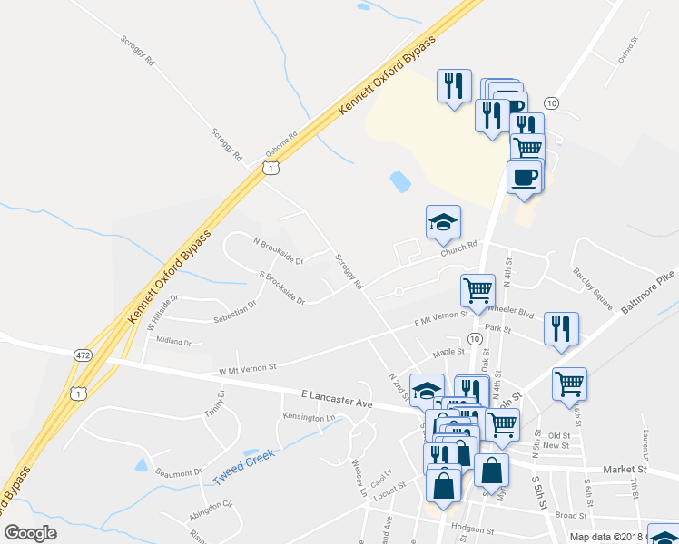 map of restaurants, bars, coffee shops, grocery stores, and more near 115 Scroggy Road in Oxford