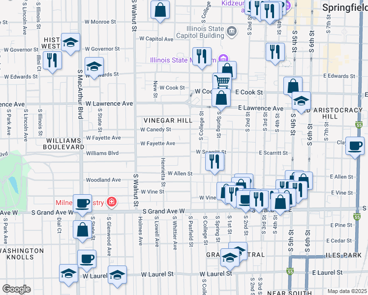 map of restaurants, bars, coffee shops, grocery stores, and more near 405 Williams Street in Springfield