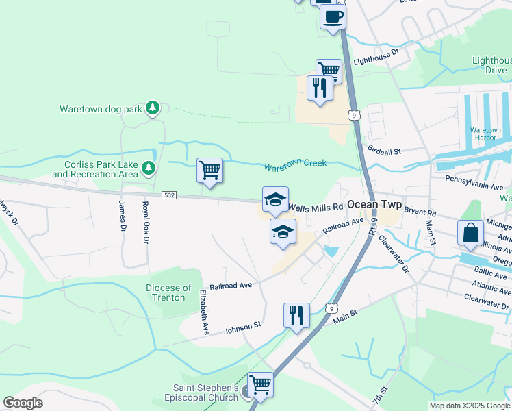 map of restaurants, bars, coffee shops, grocery stores, and more near 141 Wells Mill Road in Ocean Township