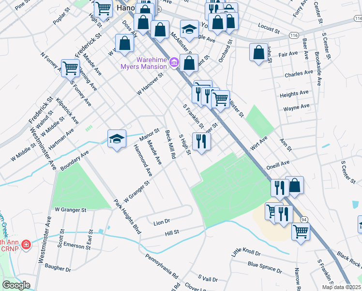 map of restaurants, bars, coffee shops, grocery stores, and more near 455 South High Street in Hanover