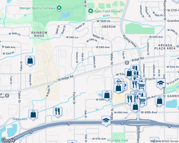 map of restaurants, bars, coffee shops, grocery stores, and more near 10800 West Ridge Road in Wheat Ridge
