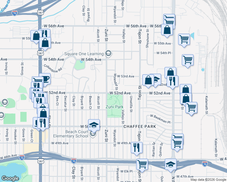 map of restaurants, bars, coffee shops, grocery stores, and more near 2325 West 52nd Avenue in Denver