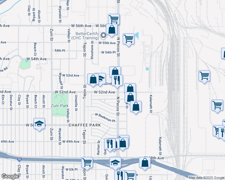 map of restaurants, bars, coffee shops, grocery stores, and more near 1702 West 52nd Court in Denver