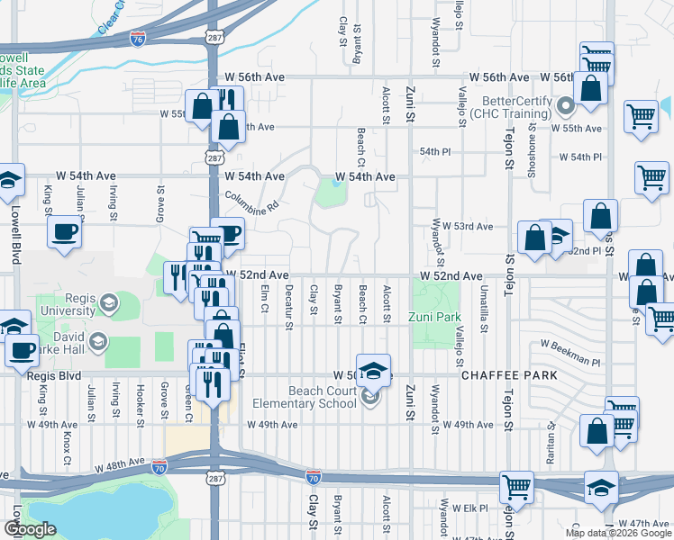 map of restaurants, bars, coffee shops, grocery stores, and more near 5230 Lilac Lane in Denver