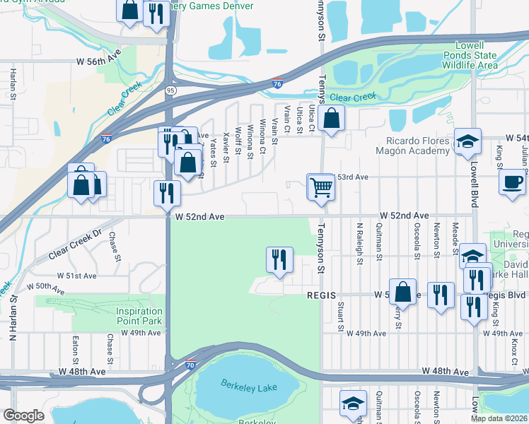 map of restaurants, bars, coffee shops, grocery stores, and more near 4703 West 52nd Avenue in Wheat Ridge