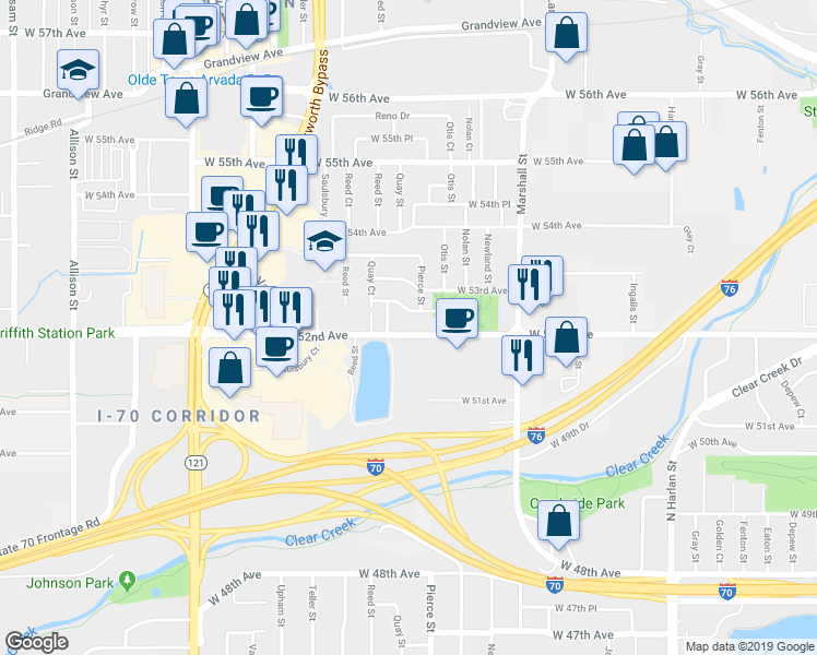 map of restaurants, bars, coffee shops, grocery stores, and more near 5230 Quay Street in Arvada