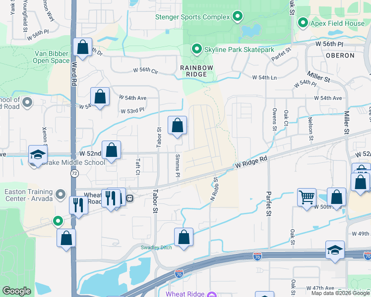 map of restaurants, bars, coffee shops, grocery stores, and more near 11721 West 52nd Avenue in Wheat Ridge