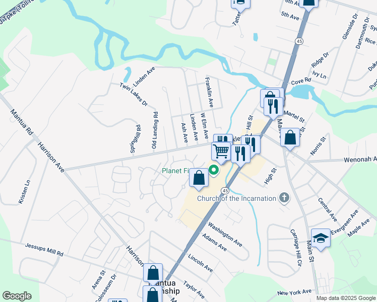 map of restaurants, bars, coffee shops, grocery stores, and more near 181 Ash Avenue in Gloucester County