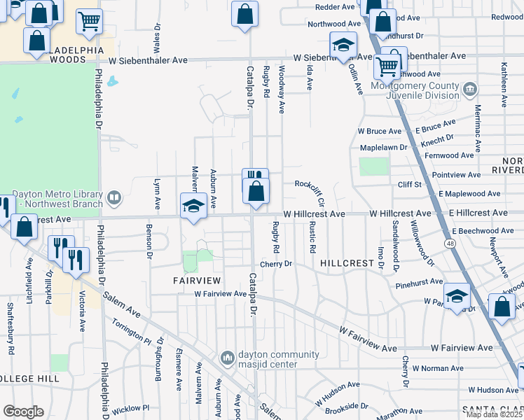 map of restaurants, bars, coffee shops, grocery stores, and more near 2435 Rugby Road in Dayton