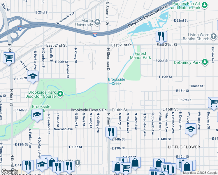 map of restaurants, bars, coffee shops, grocery stores, and more near 1901 North Sherman Drive in Indianapolis