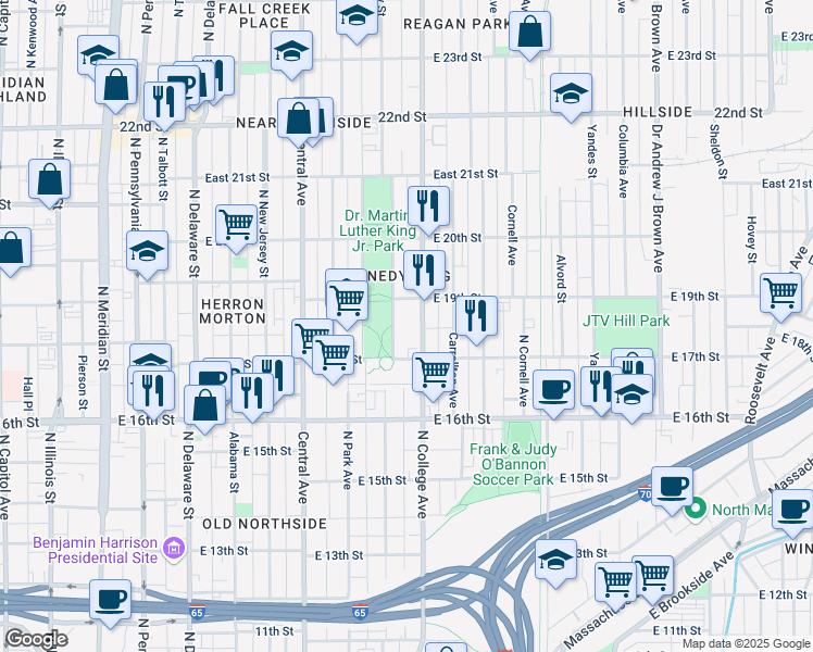 map of restaurants, bars, coffee shops, grocery stores, and more near 1925 North College Avenue in Indianapolis
