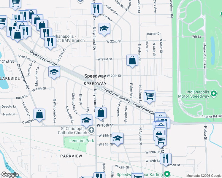 map of restaurants, bars, coffee shops, grocery stores, and more near 1912 Allison Avenue in Speedway