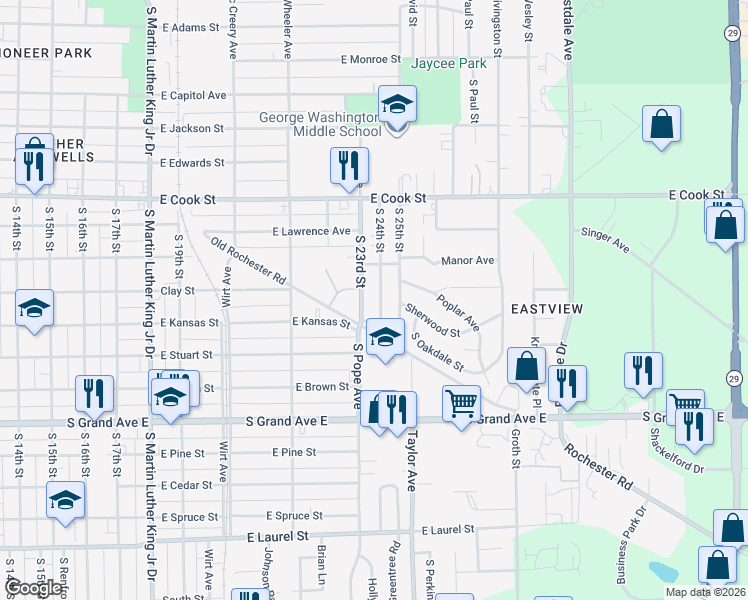 map of restaurants, bars, coffee shops, grocery stores, and more near 2 South 23rd Street in Springfield