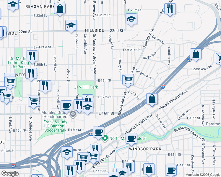 map of restaurants, bars, coffee shops, grocery stores, and more near 1734 Sheldon Street in Indianapolis