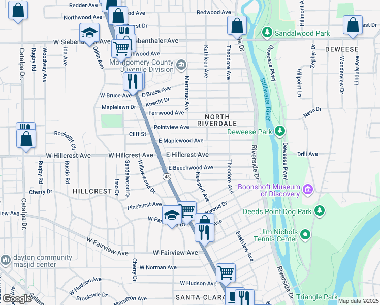 map of restaurants, bars, coffee shops, grocery stores, and more near 71 East Hillcrest Avenue in Dayton