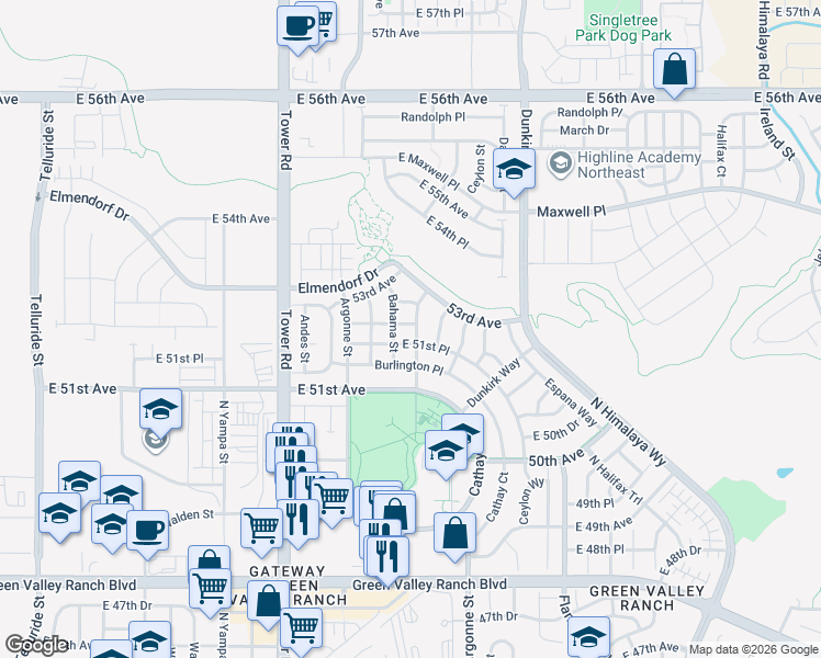 map of restaurants, bars, coffee shops, grocery stores, and more near 18898 East 52nd Avenue in Denver